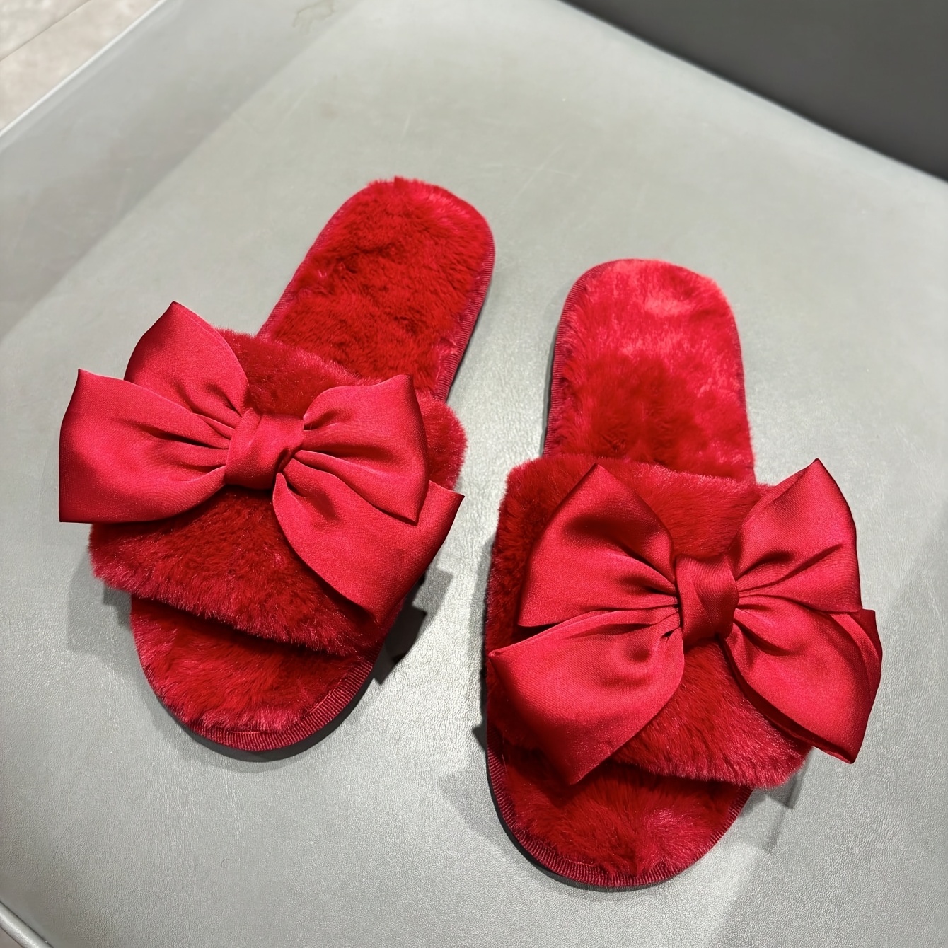 Women's Flat Faux Fur Bow Slippers Red Valentine's Day Home Slippers Plush Slide Sandals, Women Shoes