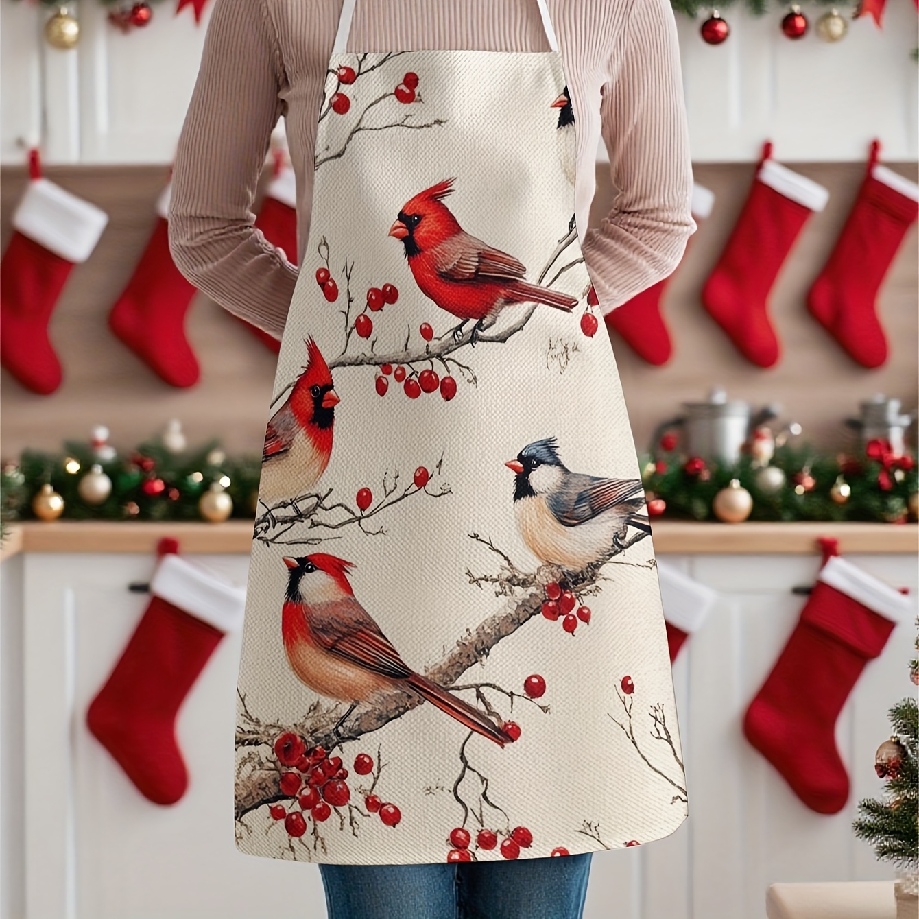 TEMU 1pc Christmas Bird Themed Printed Apron, Suitable For Work, Parties, Cooking, And Various Holidays And Dining Occasions.
