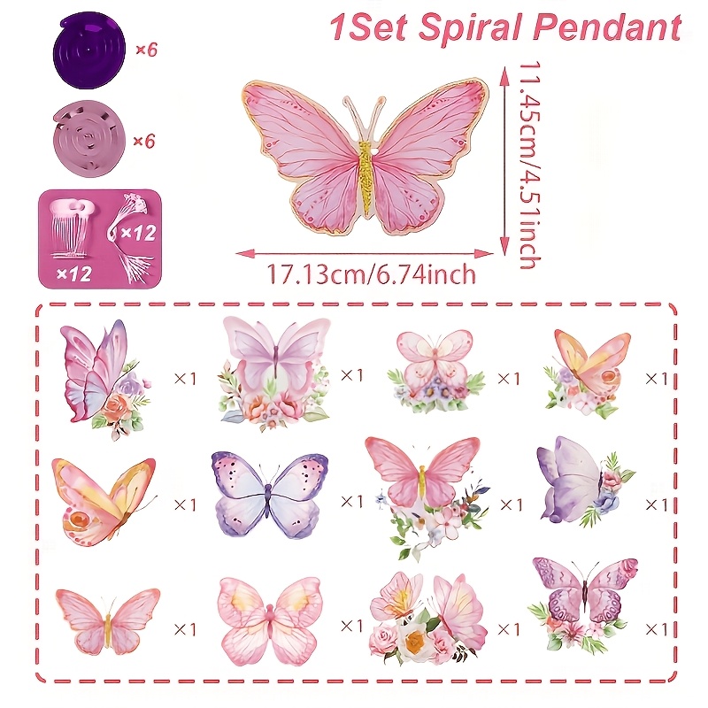 TEMU Lot de 12 pendentifs en ruban papillon colorés, tourbillonnants à suspendre au plafond sur le thème des papillons pour goûter de printemps et