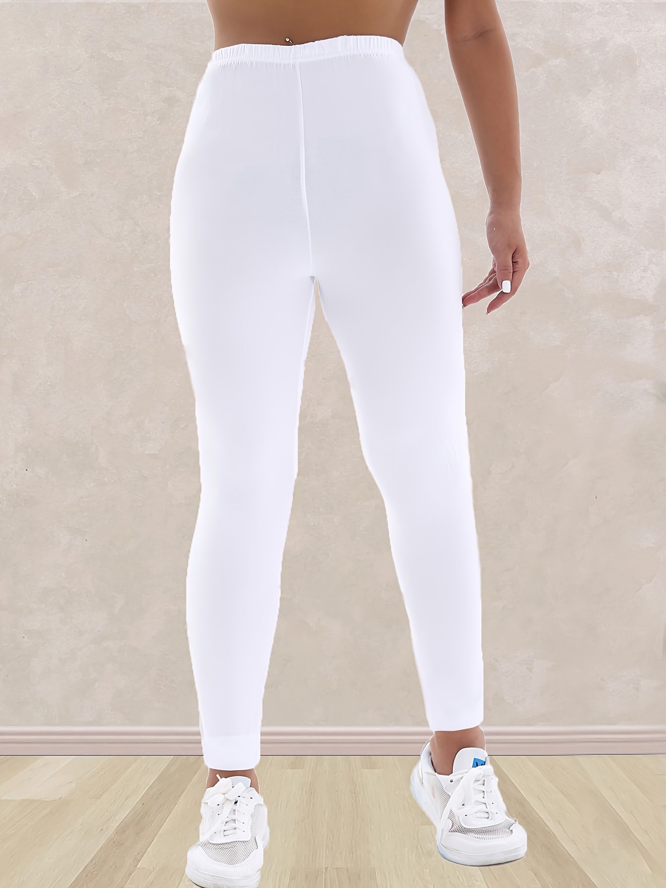 Plus Size, Plus Size Women's High-Waisted Leggings - 4-Way Stretch Elastic Waistband, Solid Black 7/8 Length Pants for, Casual & All-Season Wear - Machine Washable Apparel, Leggings, Versatile Clothing, Highelastic Waistband