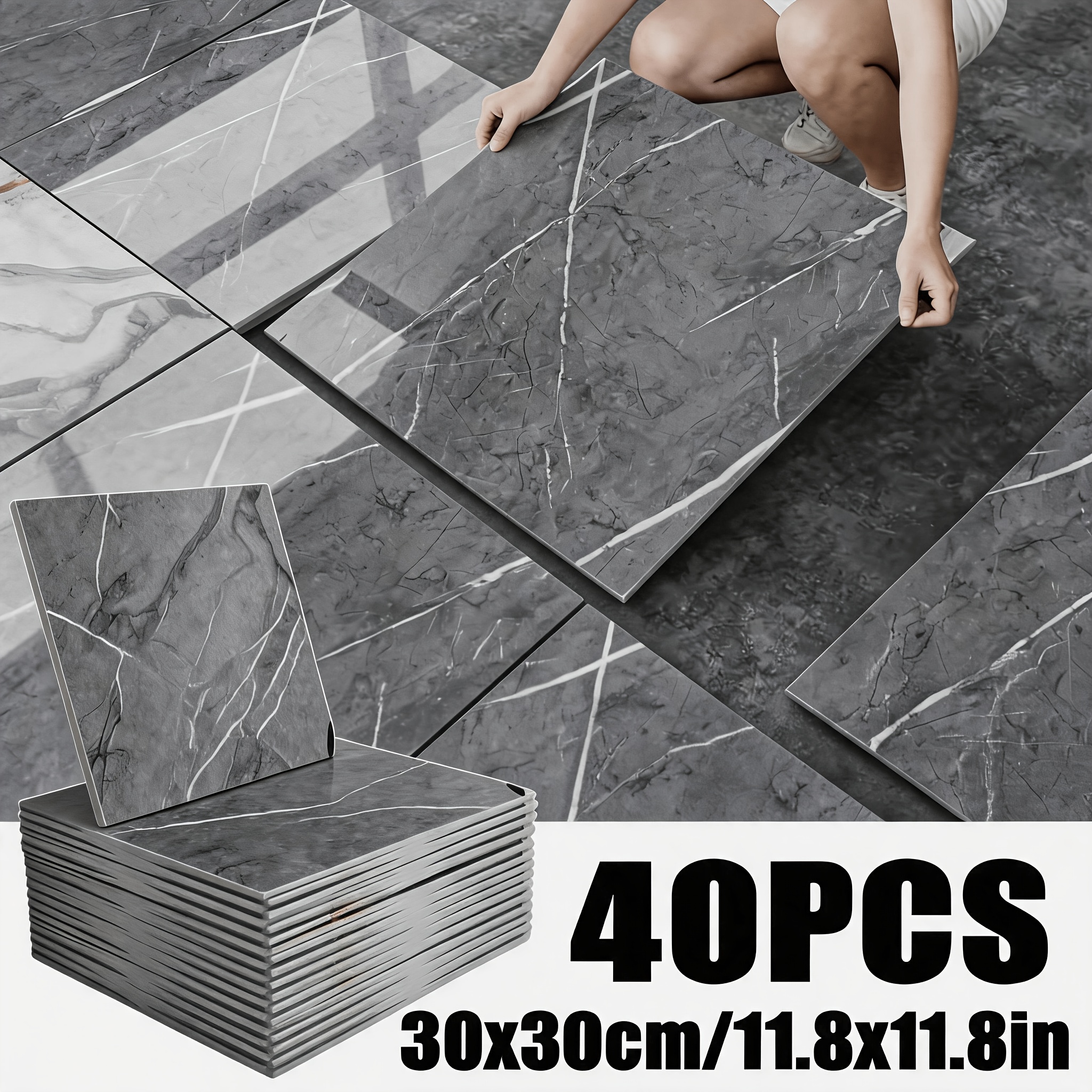Image of 40pcs 30 X 30cm/11.8 X 11.8in Glossy Imitation Marble Tile Stickers, 3d Three-dimensional Wall Panel Hanging Decorative Tiles, Elegant Waterproof And Design, Off Without Residue, Bathroom