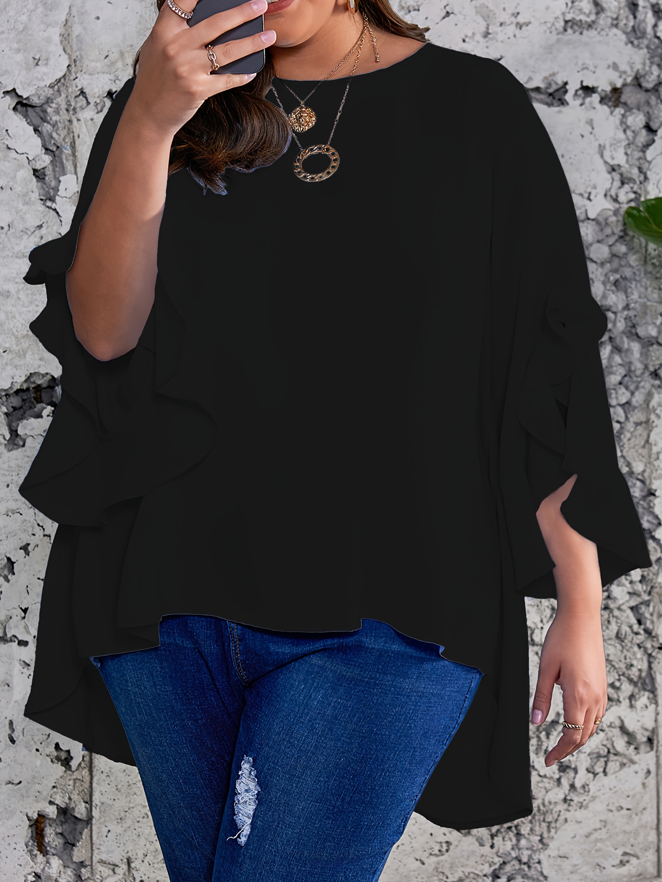 Plus Size Solid Ruffle Sleeve Blouse, Casual Crew Neck Irregular Hem Blouse For Spring, Women's Plus Size?Clothing