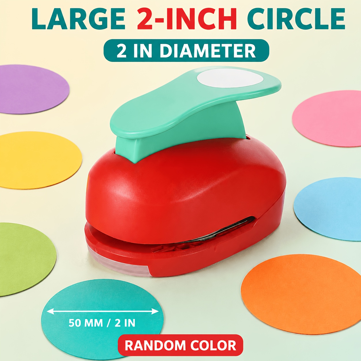 TEMU 1pc 2-inch Large Circle Paper Punch, Random Color, Easy-press Ergonomic Handle With Durable Plastic Body, Metal Cutting Die And Paper Catcher,