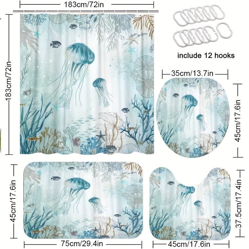 Shower Curtain Set Ocean Jellyfish Printed Bathroom Full - Temu
