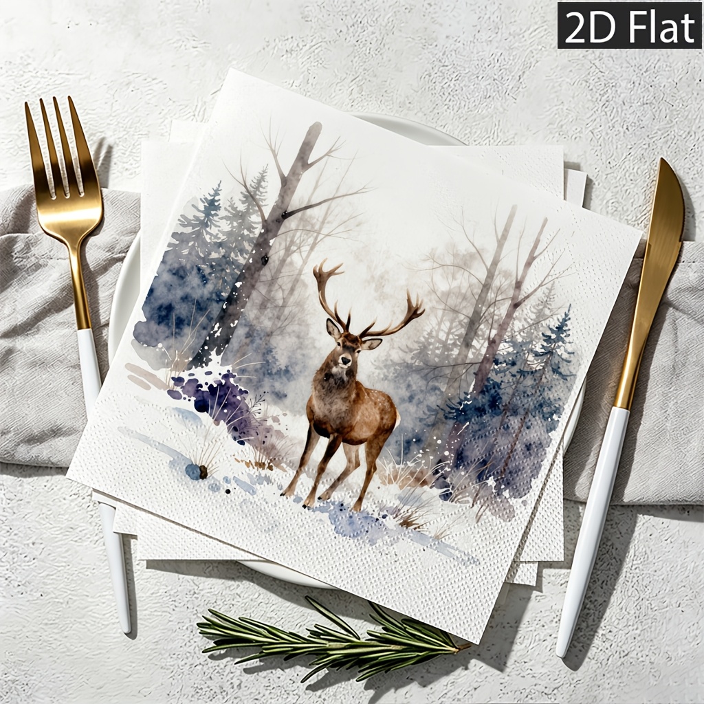 TEMU Serviettes de table jetables plates 2D, 20 pièces, double épaisseur pour plus de durabilité, aquarelle dans une forêt hivernale brumeuse avec