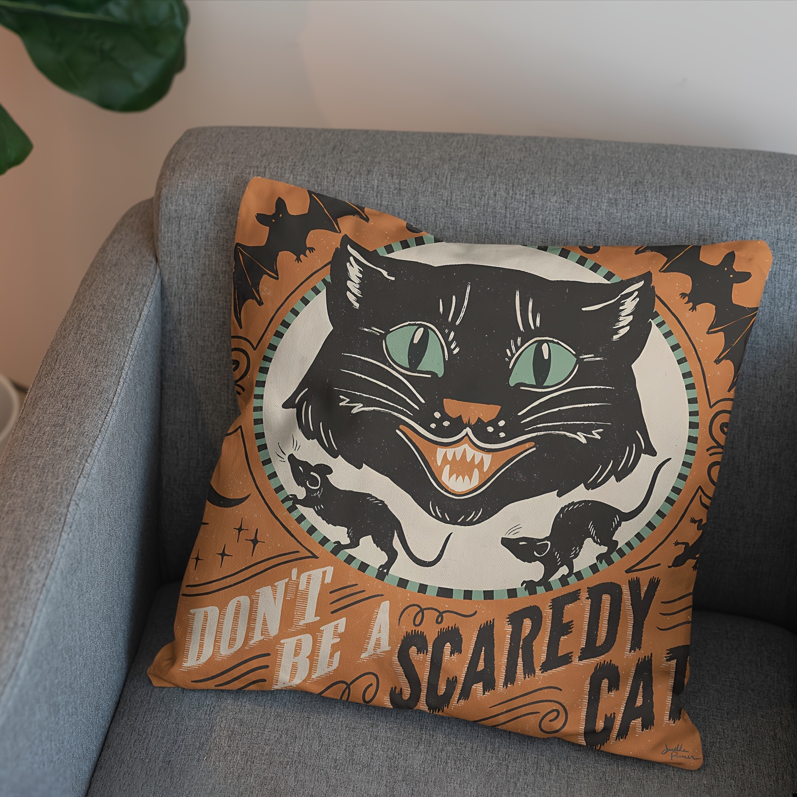 

1pc Halloween Vintage Style Black Cat Cushion Cover, 18x18 Inch, Single-sided Print, Zippered Throw Pillow Case, Sofa Decor, Home Decor Without Pillow Insert