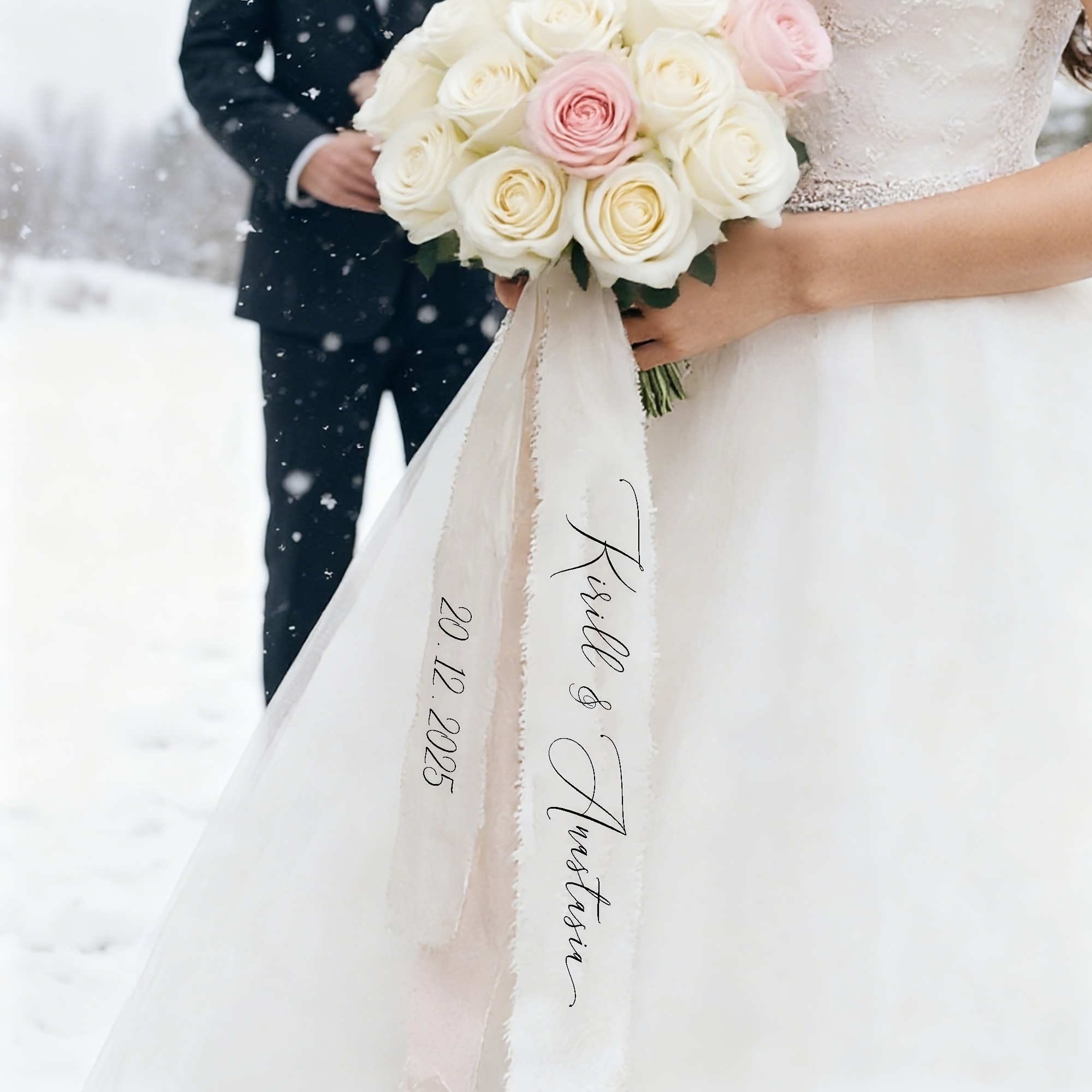 TEMU 1 pièce Ruban en mousseline de soie personnalisable pour bouquet de mariage, convient pour fleurs ou décorations, ajout facultatif des du couple