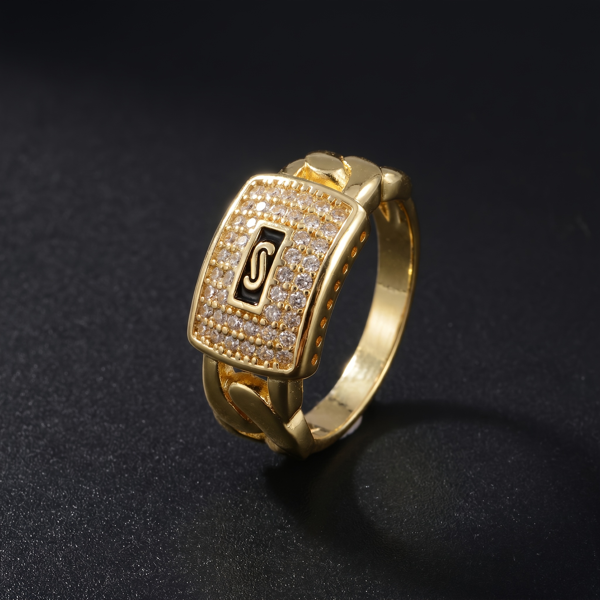 TEMU 1pc Sny 18k Gold Plated Cubic Synthetic Zirconia Ring - Chain Link Band Signet Ring With Black Center Accent, Bling Suitable For Wedding,, Gift,