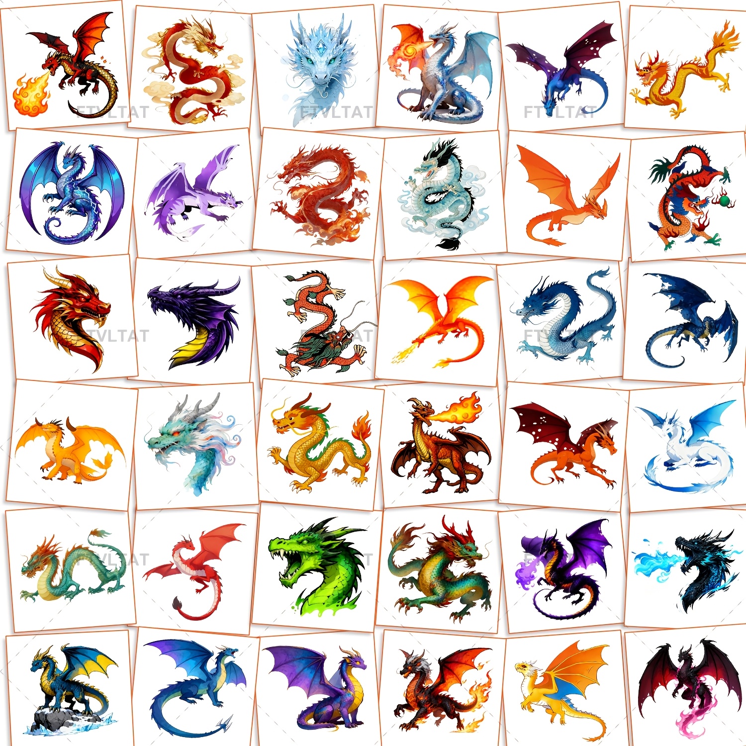 Image of 36 Sheets Temporary Tattoo Stickers | Fire-breathing Dragons In Eastern-style, Colorful Mythical Creatures, Perfect For Game Rewards And Holiday Gifts