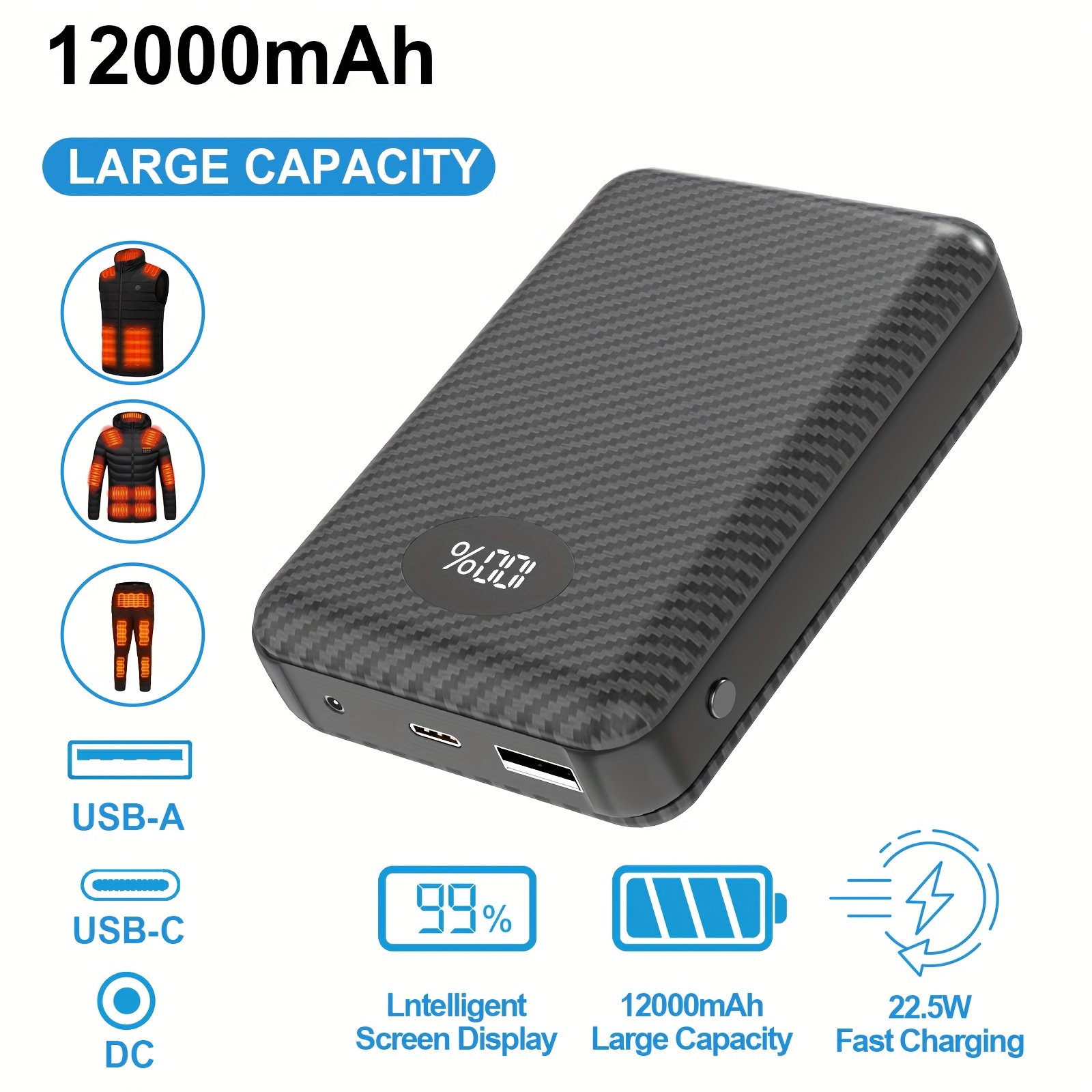 

12000mah Battery Pack For Vest-22.5w Fast Charging Power Bank With Led Display, Dc7.4v For Jacket And Hoodie Compatible With Iphone Ipad Samsung And More