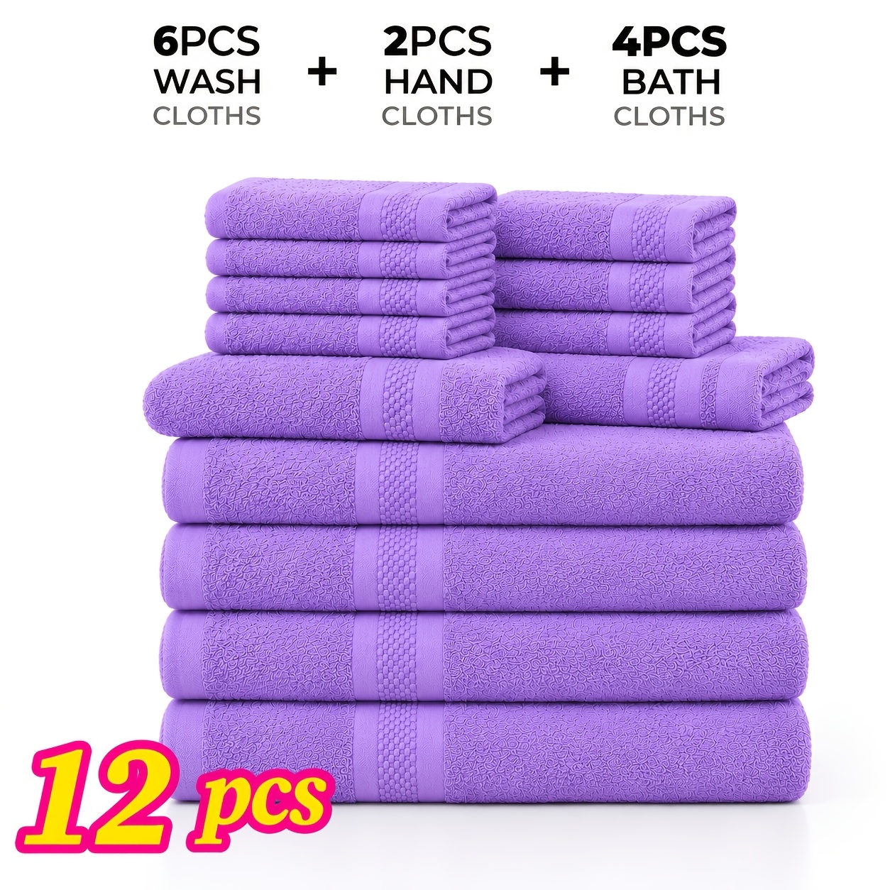 TEMU 12/24pcs Bath Towel Set - Hotel-grade Quality | Absorbent, Quick-drying | Includes 4/8 Bath Towels, 2/4 Hand Towels, And 6/12 Face Towels |