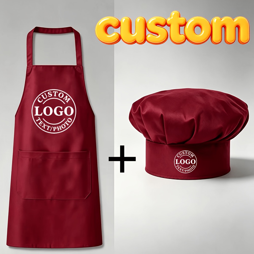 TEMU Custom Personalized Chef Hat And Apron Set - Logo, Photo And Text Printing Available On Apron And Hat, Unisex Adult/cooking Wear With Pockets,