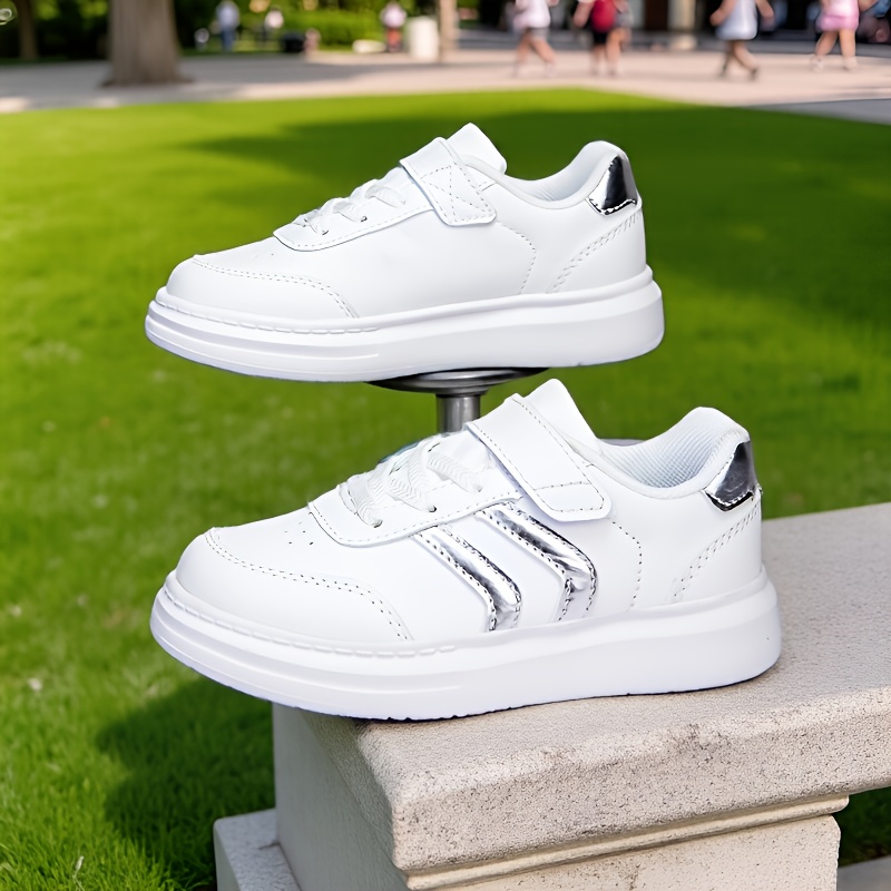 kids white sneakers versatile casual   breathable lining   with metal stripes stylish boys flat casual shoes suitable for school daily leisure sports kids barefoot shoes shoes for school youth sneakers sneakers for kids kids black sports shoe light up sneakers kids wide toe shoes daily leisure shoes   wear childrens white shoes youth casual shoes metal stripe accents minimalist   breathable fabric lining Product details 0