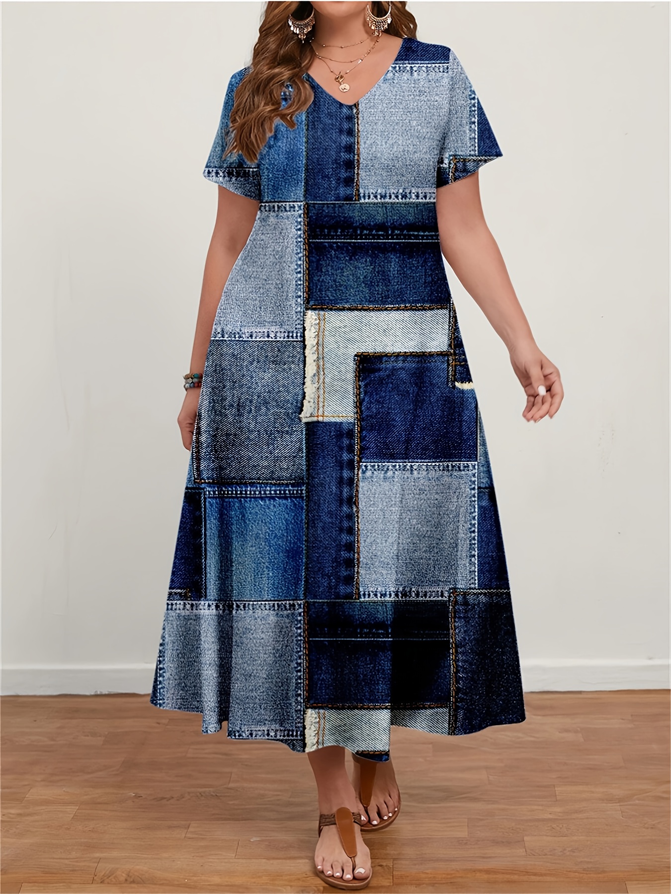 Plus Size Women's Casual Loose And Comfortable V-neck Short-sleeved Dress *  for Spring And Summer plus size womens casual loose comfortable v neck short - Temu