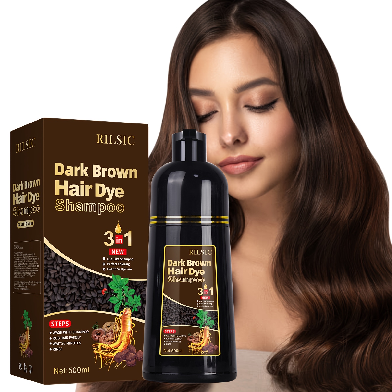 TEMU Rilslc 500ml Herbal Natural Hair Dye 3in 1, Hair Dye Shampoo For Grey Hair, Instant Hair Colour Shampoo With 10 Gloves, 2 Earmuffs, 1 Headgear,