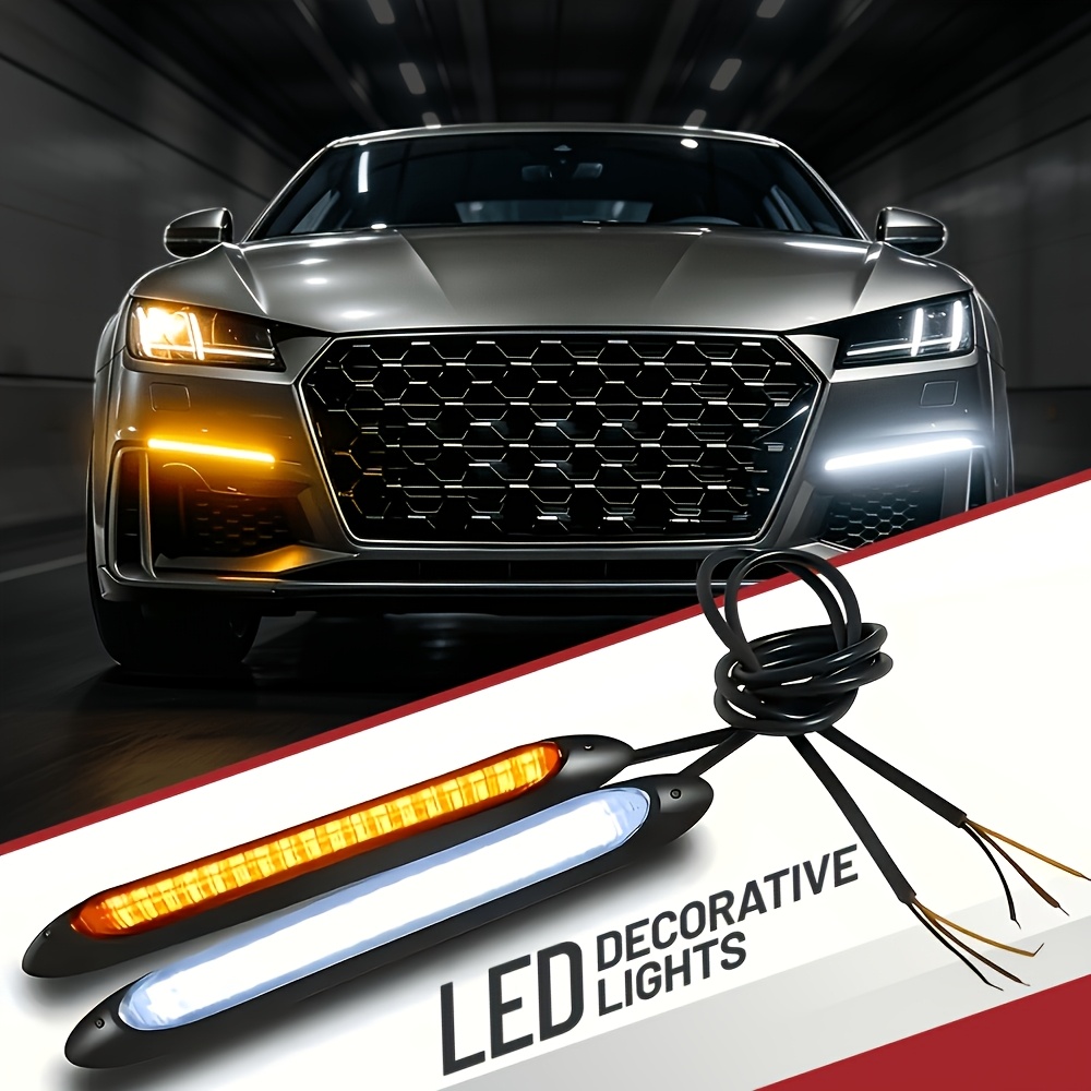 TEMU 2pcs Bandes Lumineuses LED Décoratives pour Voiture, de Grille de Voiture, de de Voiture, Bicolores Blanc et Jaune, de Démarage Scannées et