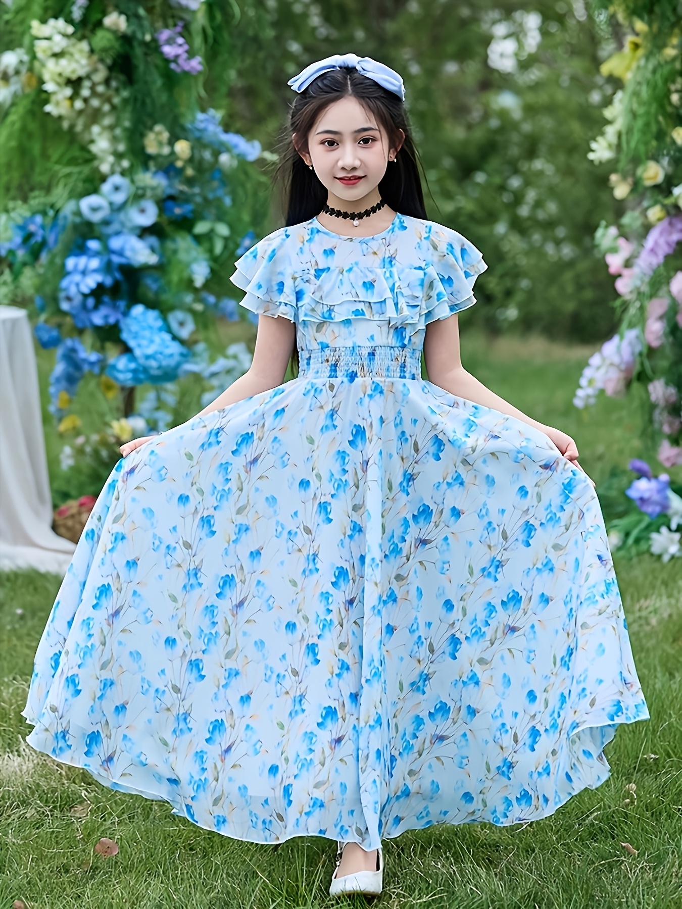 green emerald velvet dress Princess Lace Dress Kids Flower Embroidery Dress For Girls Vintage Chi main image 1