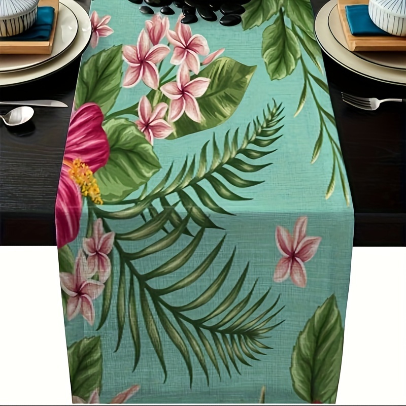 

1pc, Table Runner, Tropical Plant And Floral Pattern Table Runners For Family Dinner, Banquet, Parties And Celebrations, Hibiscus Hamabo Tropical Plants Leaves Flowers Table Decor