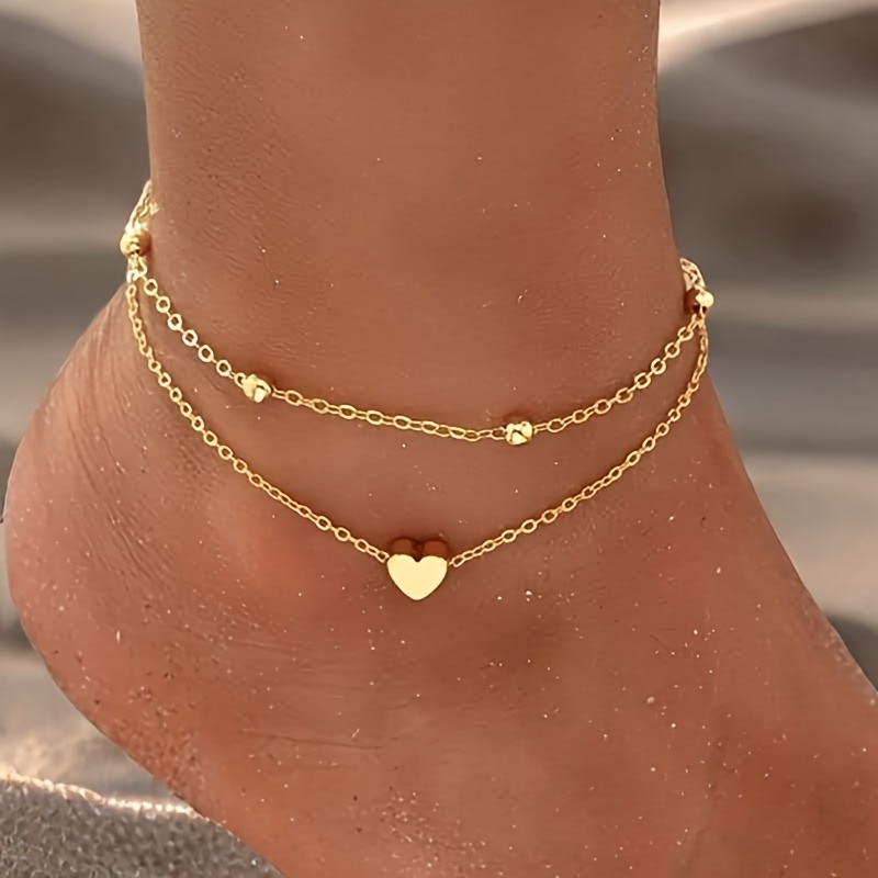 2-pack Wear Heart Anklet With Round Beads, Women's Anklet