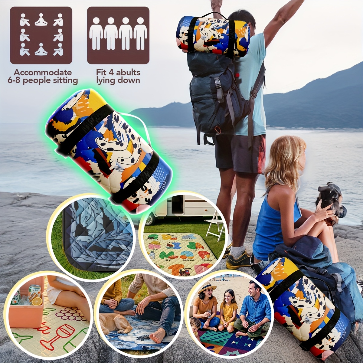 [Picnic Mat] Extra Large Thickened Picnic Mat for 4-8 People - Heavy-Duty 3-Layer Padded Cushioned Base, Non-Slip Foldable Outdoor Blanket with Carry Strap, Large 80x80 Inch Party Mat for Camping, Beach, BBQ, Family Gatherings - All-Season Portable Backyard Decorations, Picnic Table Cover, Camping Accessory, Durable Polyester, Group Outings