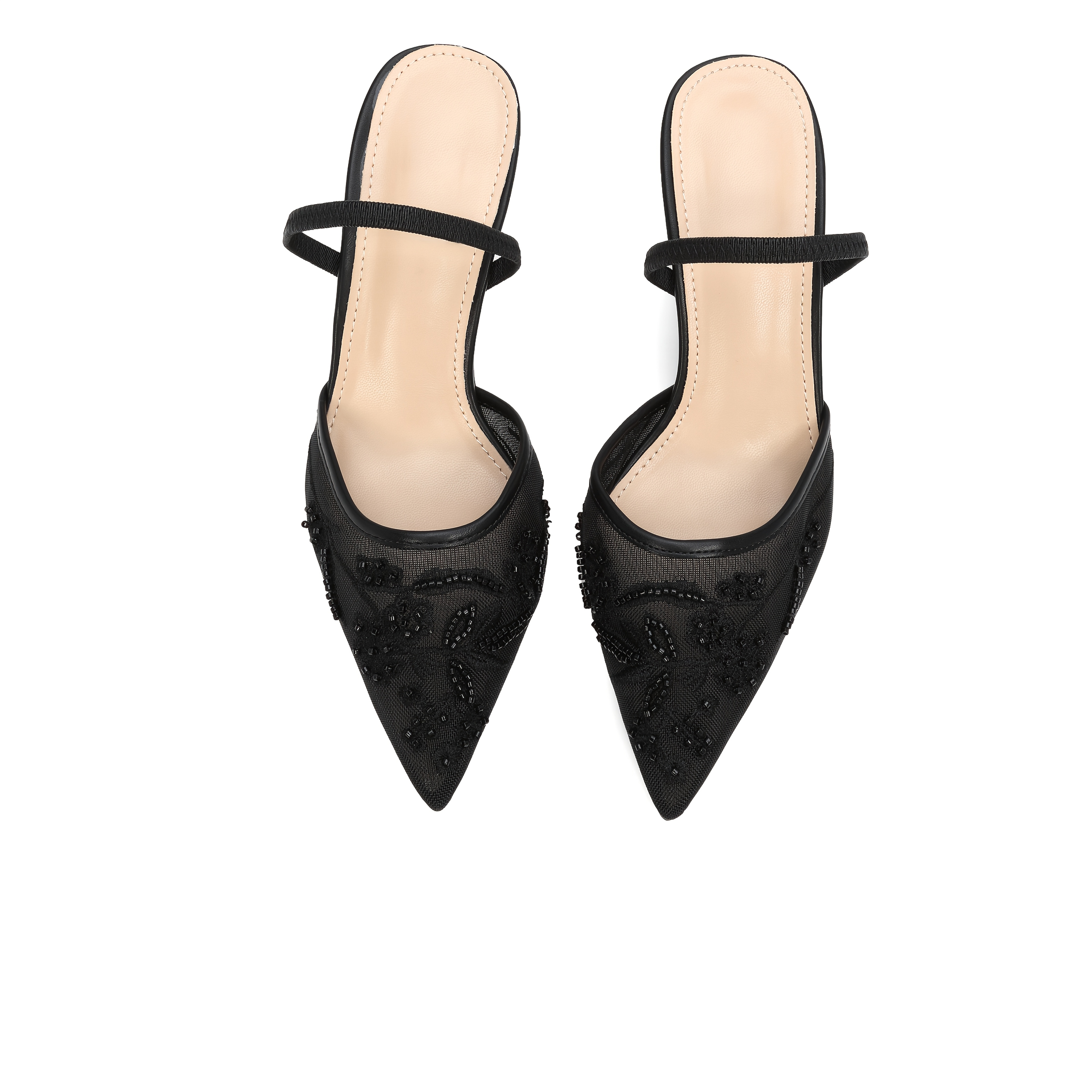 womens black pointed toe slingback heels beaded mesh elegant