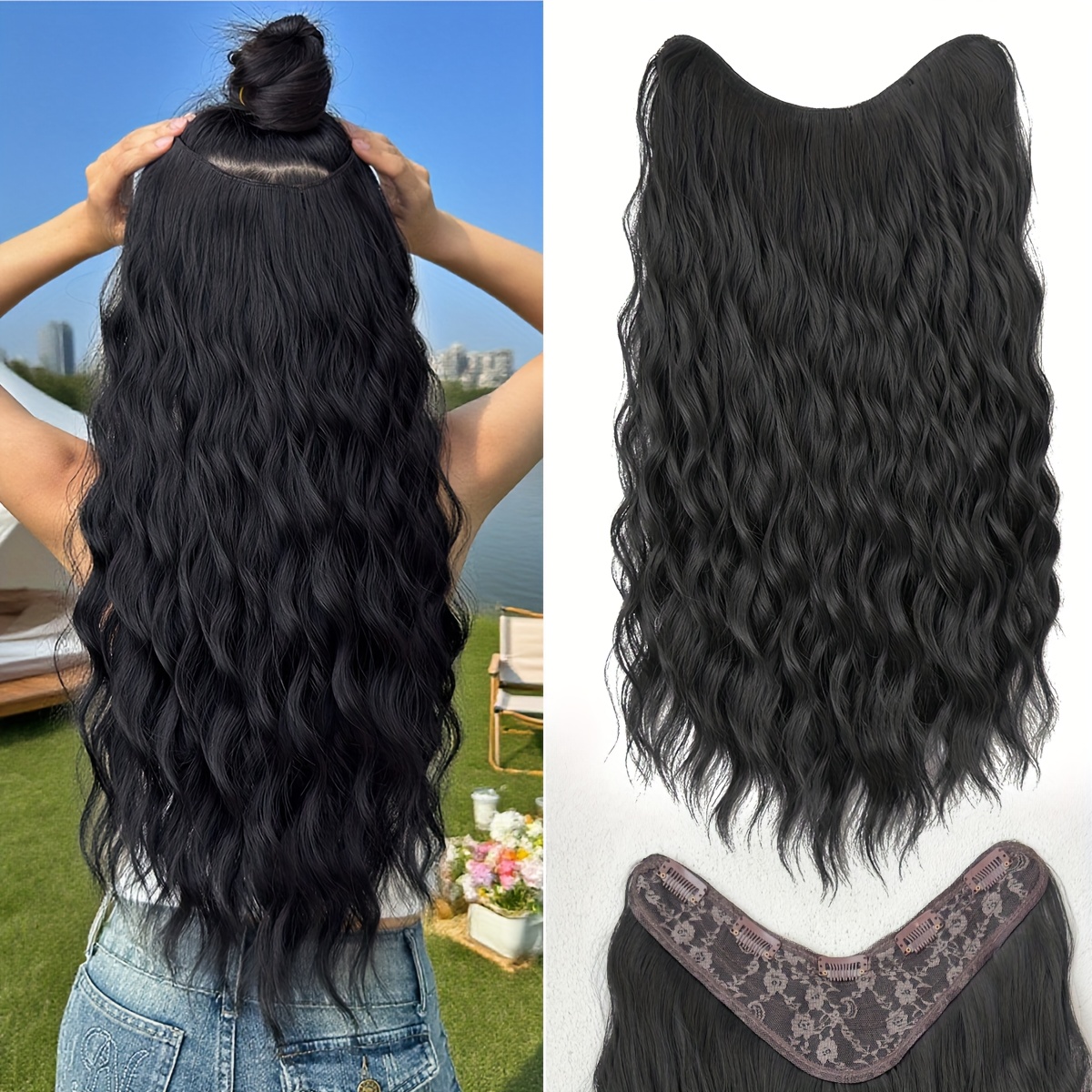 TEMU Extension per capelli a V da 24 pollici in colori tra cui , , scuro e un da a , nonch矇 un marrone. Questo pezzo di capelli sintetici resistente