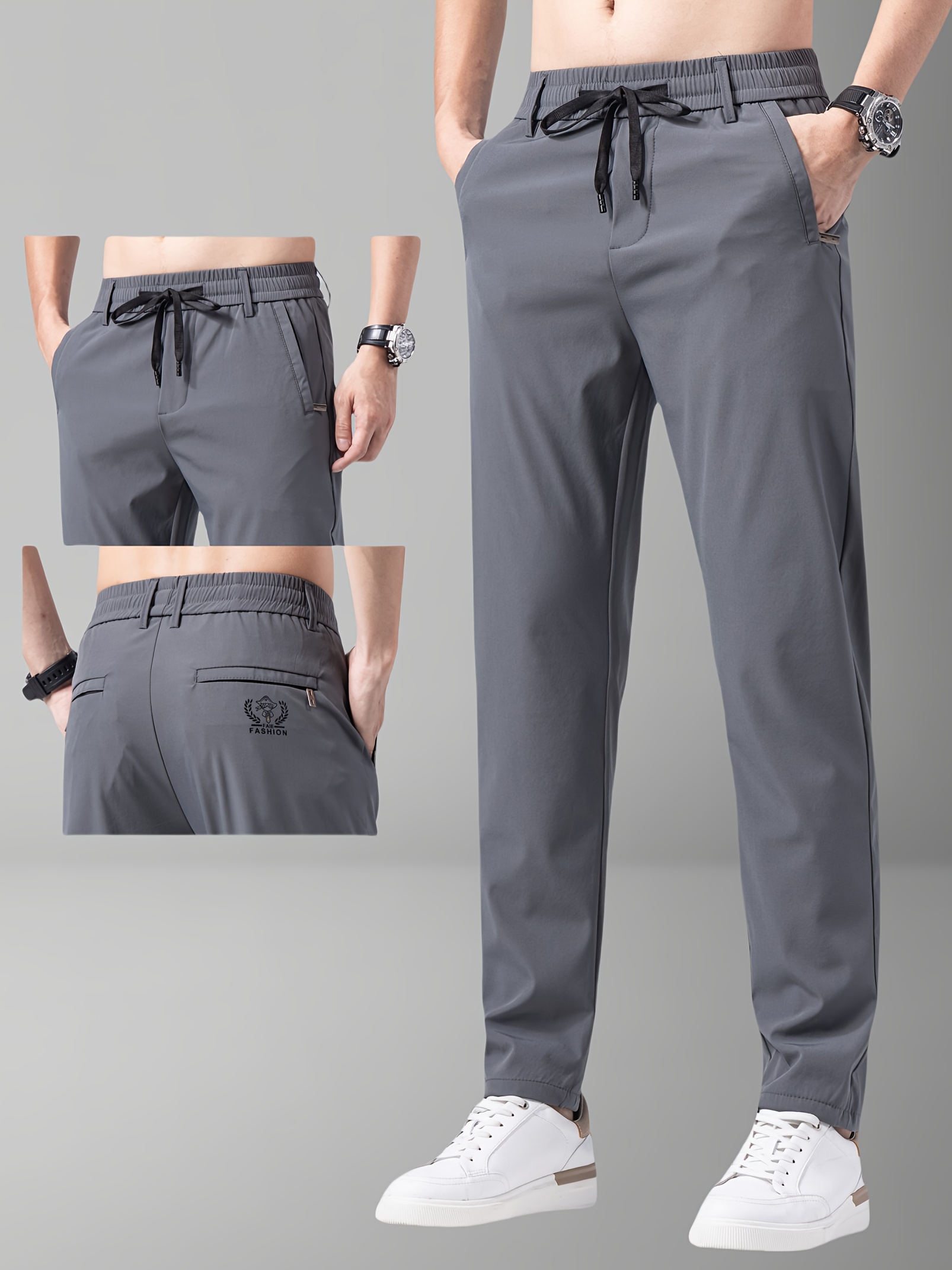 mens summer sports pants gray drawstring waist zippered pockets casual outdoor athletic wear for tennis golf casual athletic wear casual sportswear polyamide fabric details 10