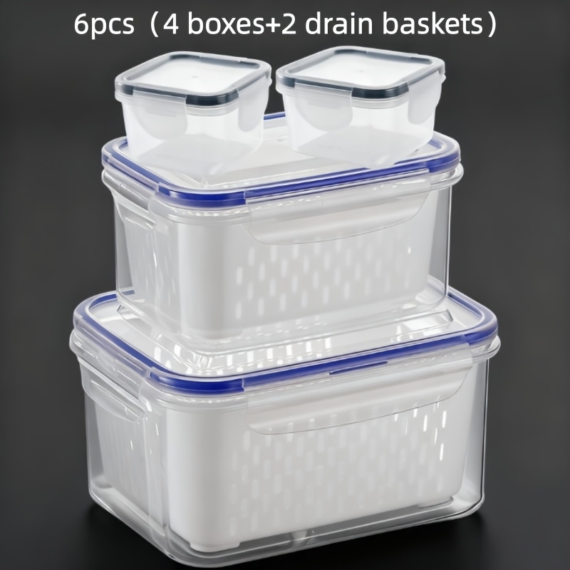 Image of 6-pcs + 2 Drain Baskets Food Storage Containers - Microwave And Fridge Safe, Clear Plastic Pantry Organizers, - Leak-proof Stackable Kitchen And Fridge Containers For Fruits, Vegetables, Pasta