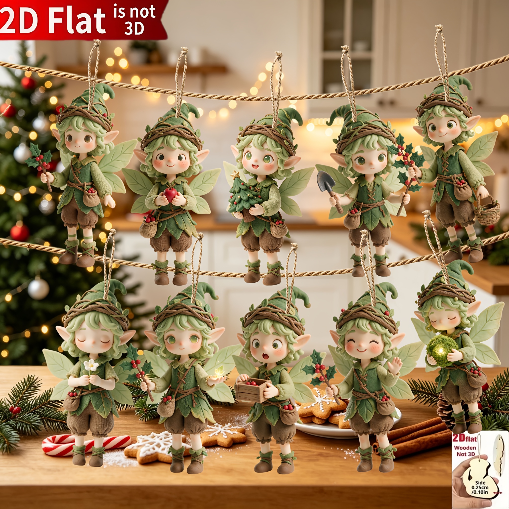 TEMU 2D, 10 piezas de adornos de elfo pintados a , adecuados para árbol de Navidad y decoraciones colgantes para todo el año - 10 piezas de madera
