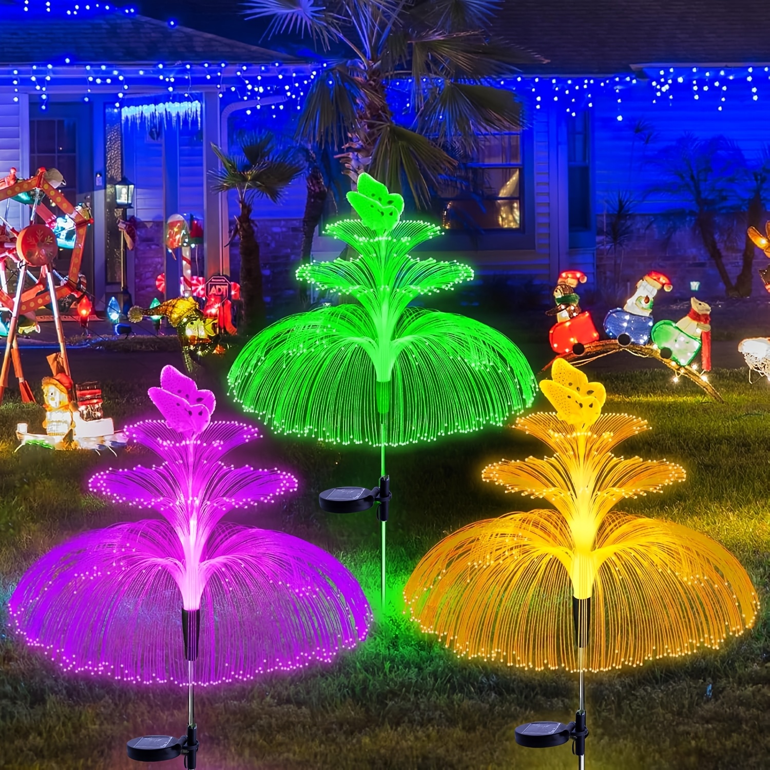 Image of Solar Garden Lights 3pcs New Upgraded Solar Lights Outdoor 3 Layers 7 Color Changing Jellyfish Decorations For Garden Yard Gifts For Women Christmas & Halloween Decor Lights
