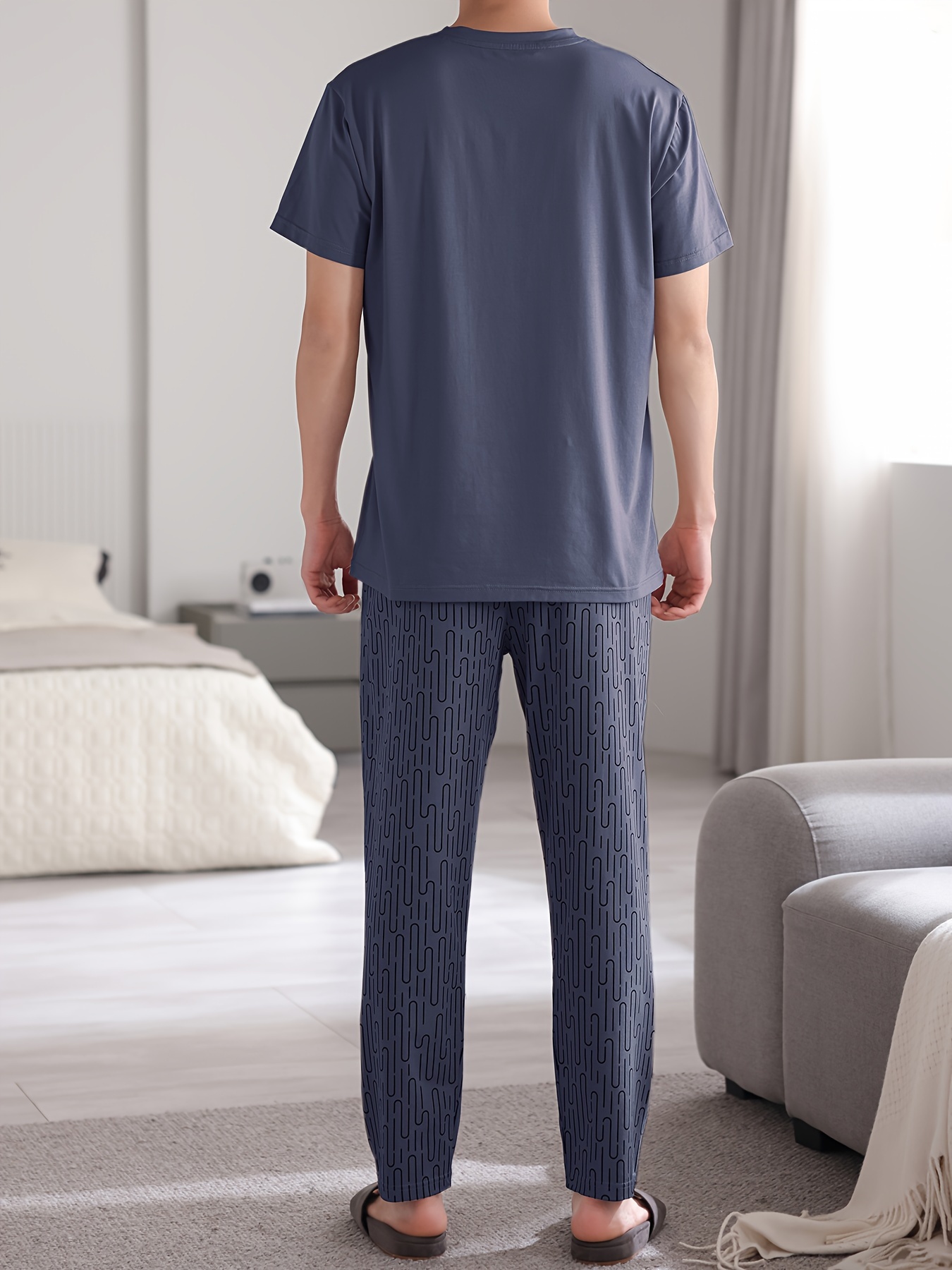 Easy Care, Men's Summer Cotton Pajama Set - Casual Short Sleeve & Long Pants, Breathable Lightweight Sleepwear with Pockets