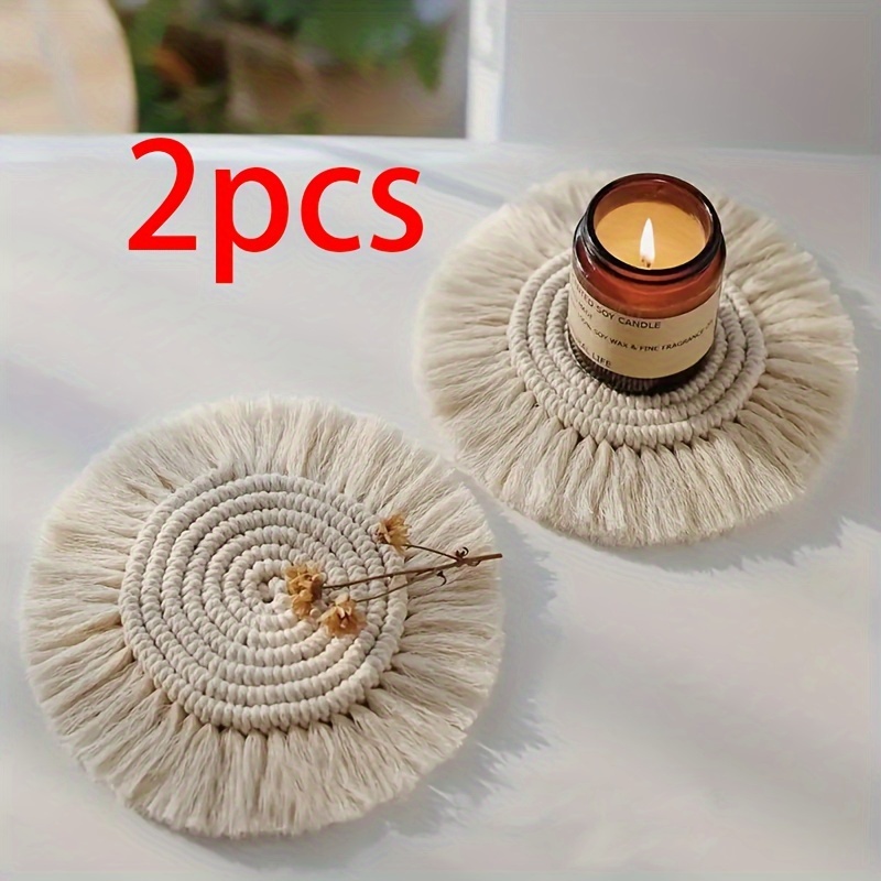 

2 Pcs Bohemian Style Handmade Cotton Coaster Set With Tassels, Round Woven Placemats, Non-slip Drink Mats For Table Decor, Kitchen, Dining Room Use