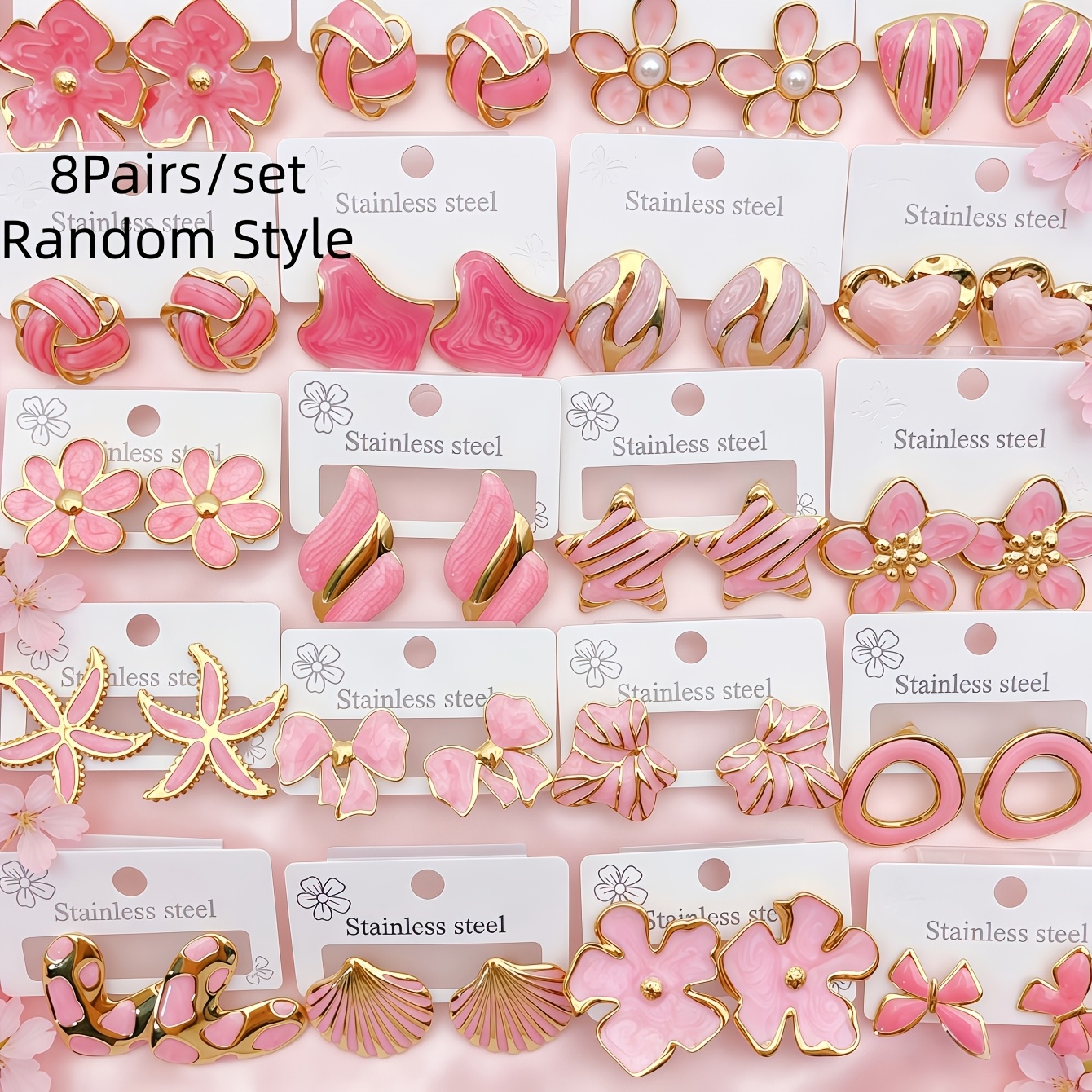 TEMU 8-pair Set Of Women's Fashionable Pink Drip-enamel Stainless Steel Flower, Heart, Geometric, And Shell Stud Earrings, Mixed Styles, And Trendy