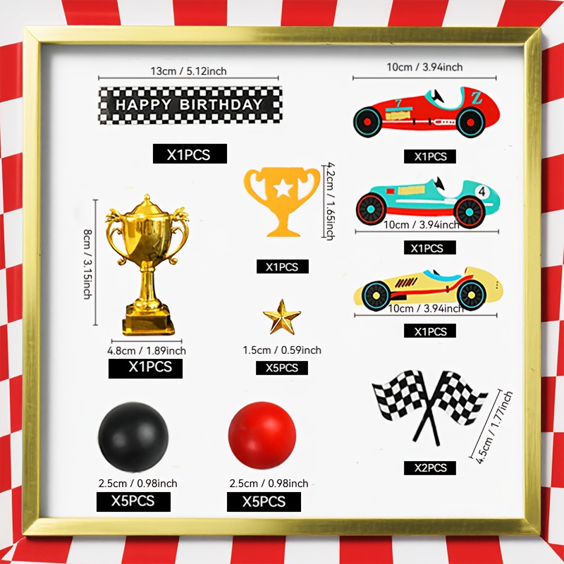 TEMU Juego de 23 piezas de decoraciones para pastel de coche de carreras, que bolas decorativas negras y , trofeos y estrellas de puntas, para