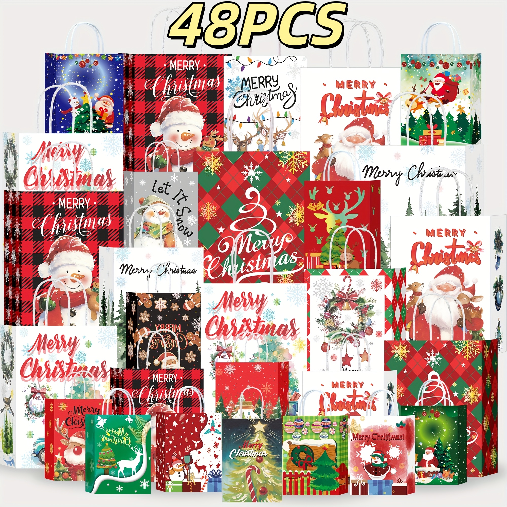 TEMU 48pcs Christmas Cartoon Gift Bags With Handles | Large (12x10x5in), Small (8.7x6x3in) Paper Goodie Bags, Perfect For Xmas Party Favor And