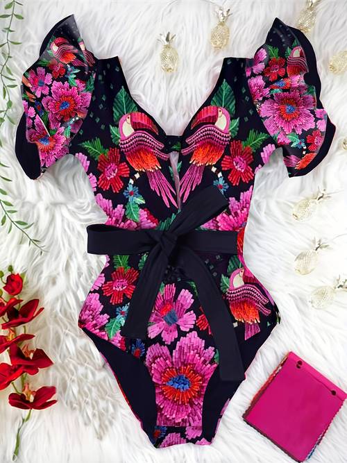 tropical print tie belt swimsuit v neck stretchy elegant bathing suits womens swimwear clothing