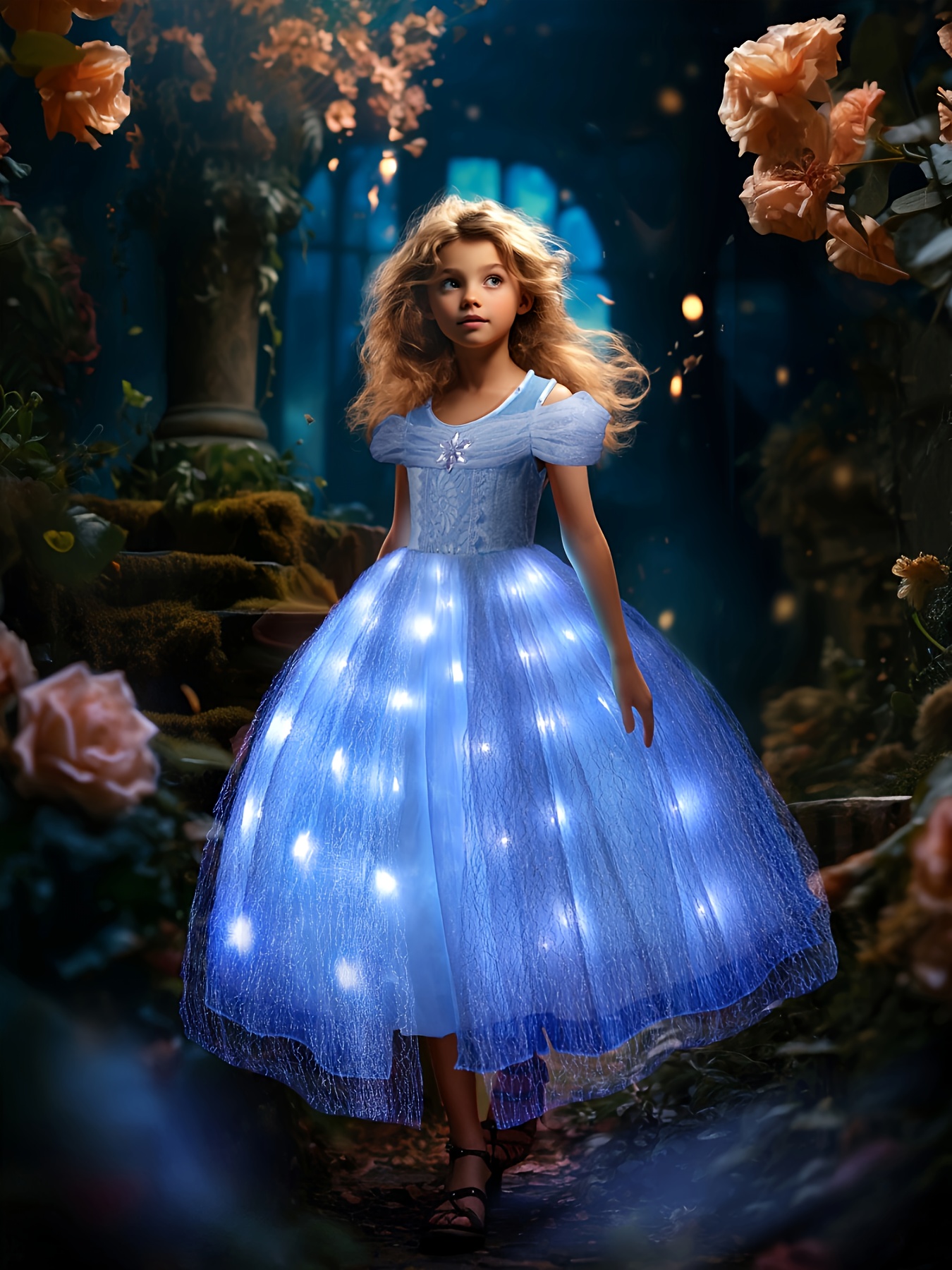   girls sleeveless led princess dress   blue mesh costume with fairy tale design for halloween christmas and parties batteries not included fairy party decorations   0