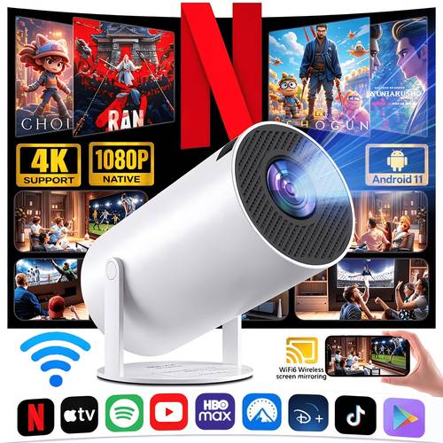 item picture smart projector with built in dual band wifi high definition picture quality high brightness and native 1080p decodes 4k features adjustable stand compact and portable body and full device
