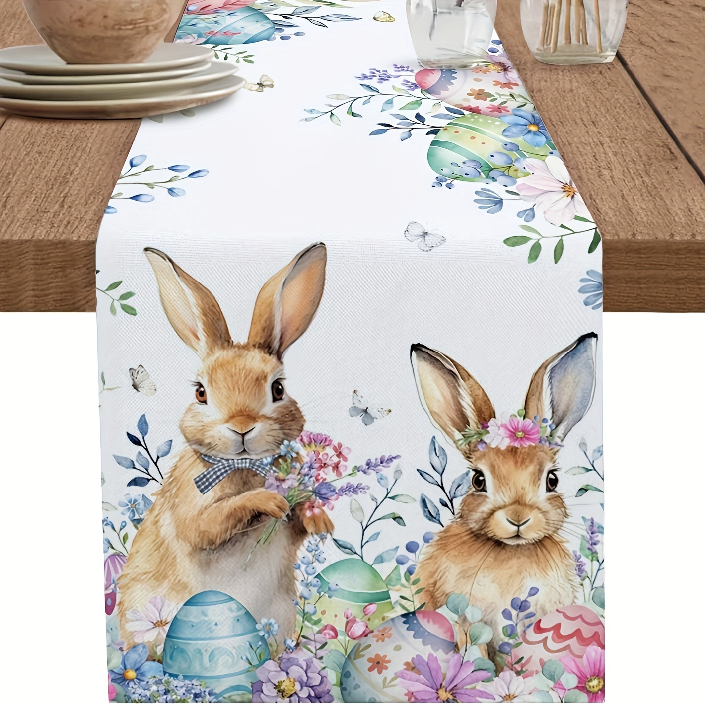 Ensemble de 4 décorations de table en bois représentant des lapins de Pâques colorés