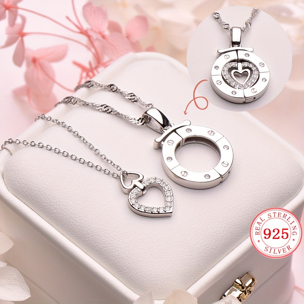 

2pc Elegant 925 Sterling Silver Pendant Necklace Inlaid Shiny Zircon Adjustable Neck Chain Jewelry Decoration With Gift Box Valentine's Day Gift