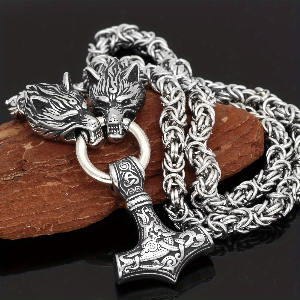 

1pc Viking Wolf Head With Hammer Pendant Necklace Stainless Steel - King Chain Holiday Jewelry Gift