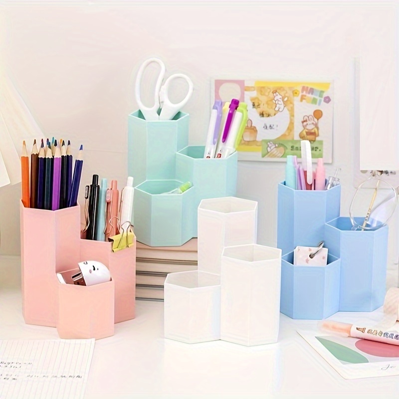 

1pc Portable 3-in-1 Plastic Pencil Holder, Multi-functional Desk Organizer With Adjustable Dividers For Office Supplies And Stationery Storage, Desk Storage, , Candy