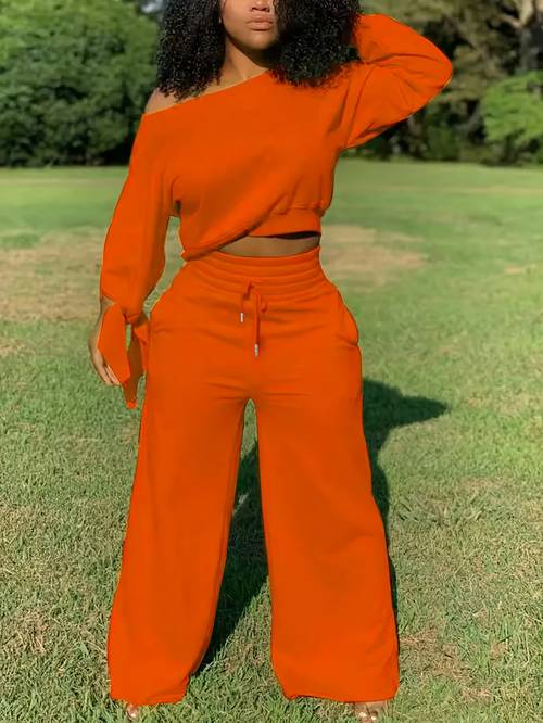womens two piece solid color long sleeved top and pants casual set