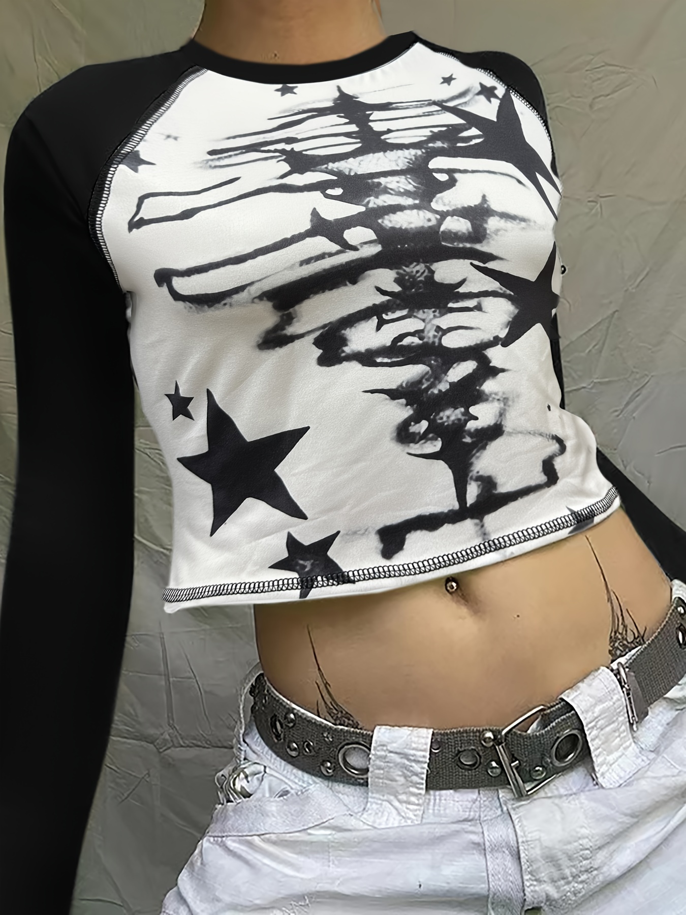 Star Pattern Crew Neck Crop T shirt Y2k Long Sleeve T shirt - Temu