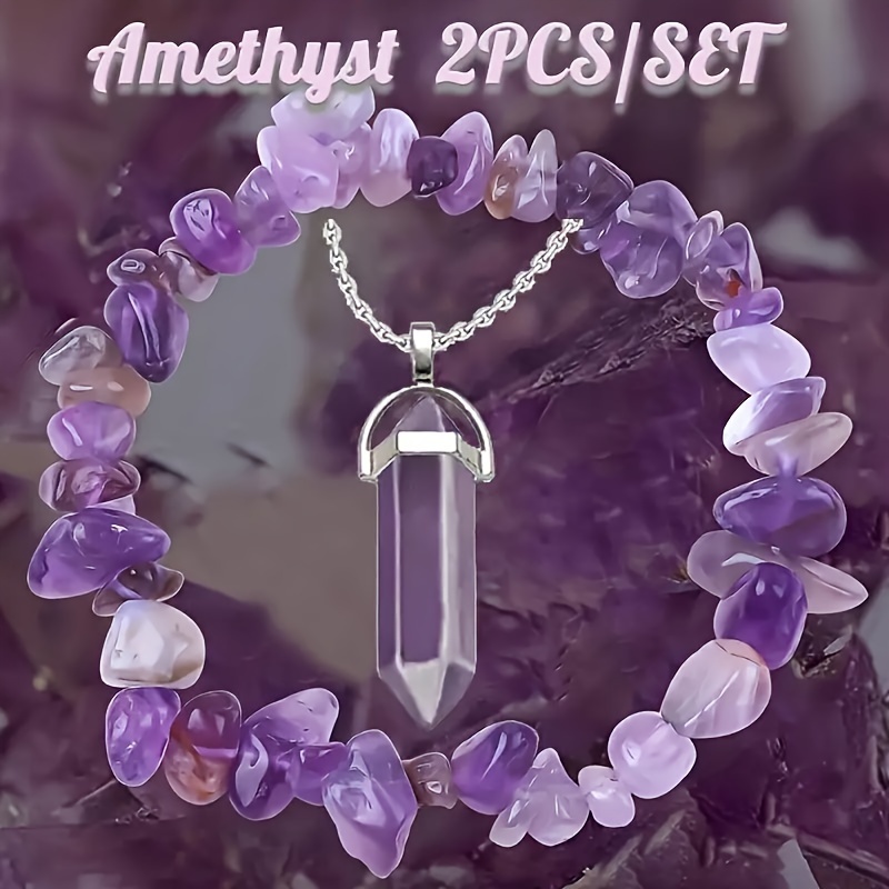 

Amethyst Pendant Necklace And Natural Gem Bracelet Set, 2pcs - Hexagonal Column & Tumbled Design, Unisex Father's Day Mother's Day Graduation Gift.