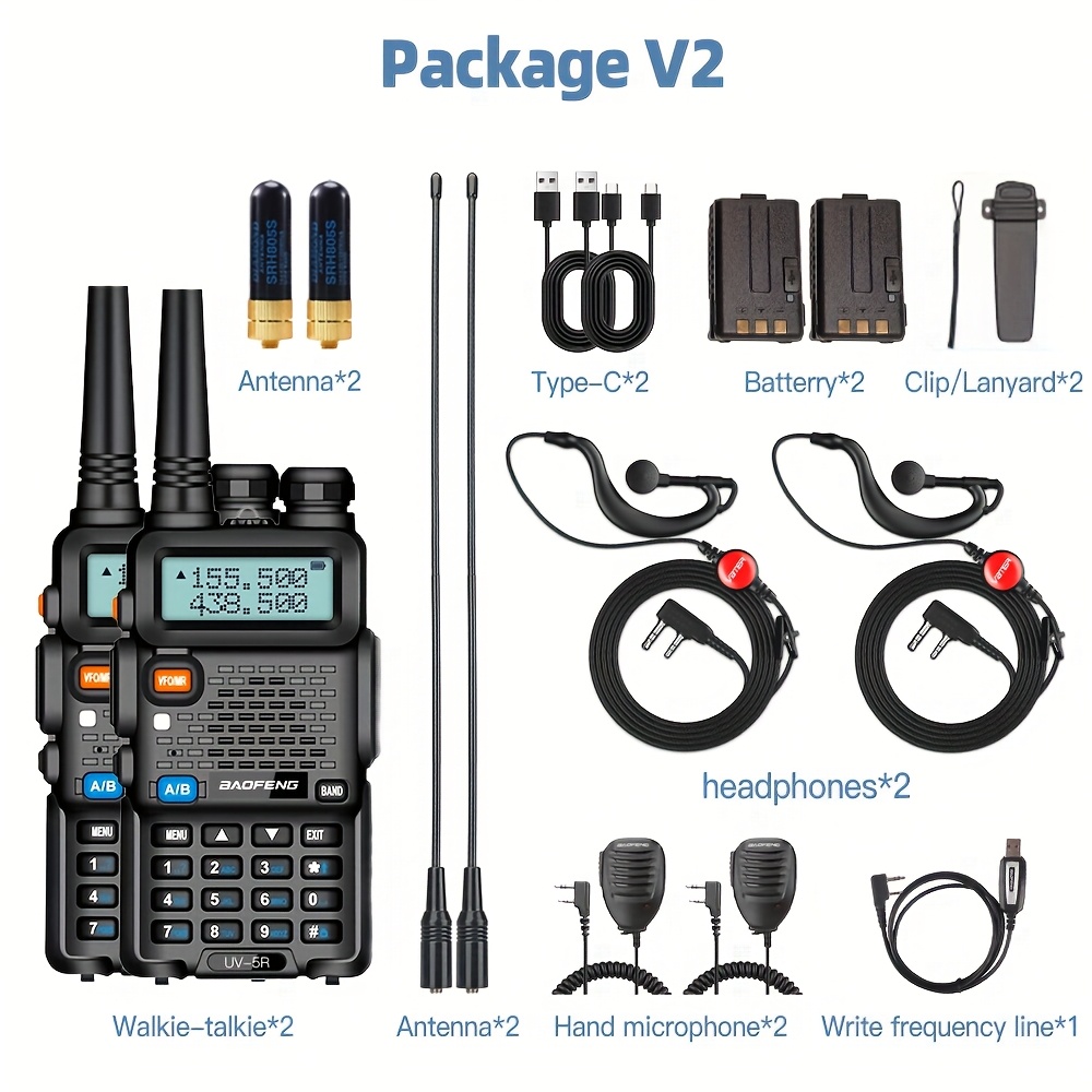 2 парчиња оригинални рачни комуникациски уреди, двобендовен vhf/uhf двонасочен со моќност од 5w, батерија од 2200mah, совпаѓање на фреквенција со еден клуч, преносно за итни случаи за употреба на отворено Детали за производот 1
