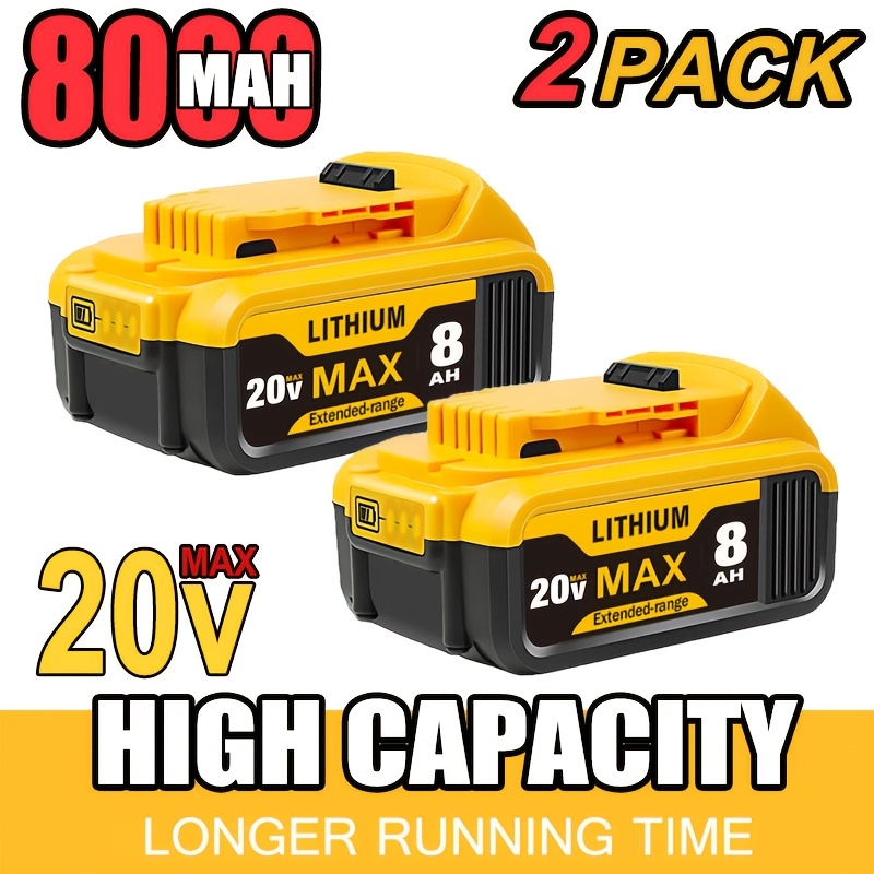 TEMU Lot de 2 batteries de rechange compatibles avec for Dewalt 8.0H haute capacité 20V lithium-ion rechargeables, adaptées pour les perceuses fil,