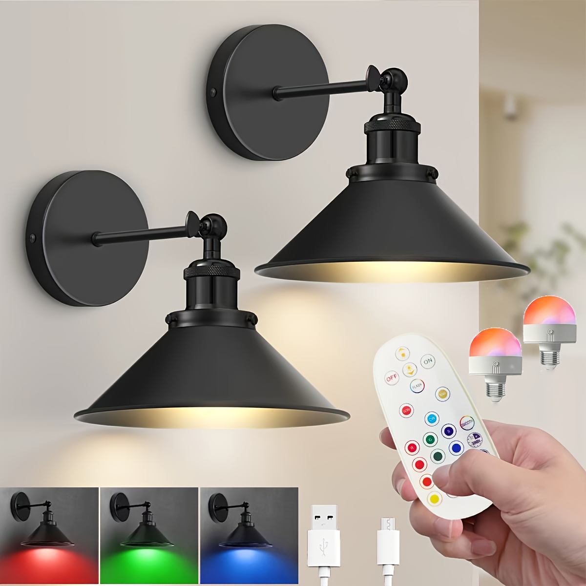 2er-Set batteriebetriebene Wandleuchten, Wandlampen mit Fernbedienung für Schlafzimmer, intelligente Zeitschaltuhr * dimmbar, USB-aufladbare RGB Vintage-Dekorations-Wandlampe für Wohnzimmer-Flur-Dekor