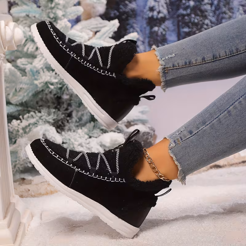 womens plush winter boots with thickened fleece lining slip on round toe flat sole brown cover upper eva sole cushioned insole Product details 3