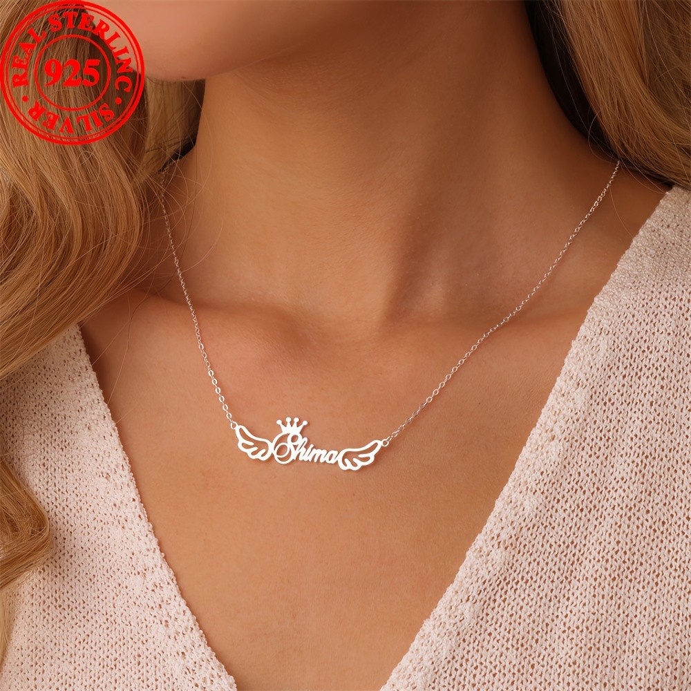 

Elegant 925 Sterling Silvery Custom Name Necklace With Crown & Wings - Valentine's, Day,